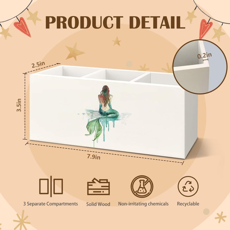 KBRCT Coastal Beach Mermaid Wooden Utensils Holder, Coastal Kitchen Decor, Watercolor Green Mermaid Wood Cooking Utensil Holder Organizer for Kitchen Countertop Counter Decor - Image 3